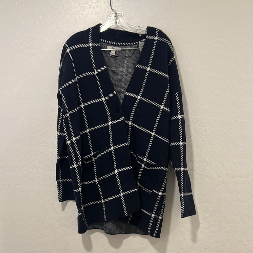 Womens‎ BASS medium Plaid stripe one button cardigan pockets cotton academia